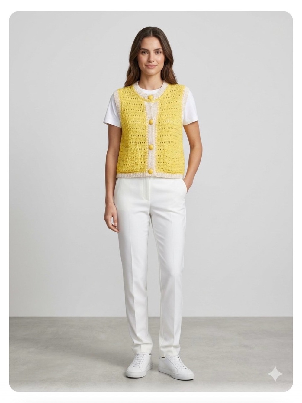 Zara Yellow Crochet Knit Vest with Cream Trim